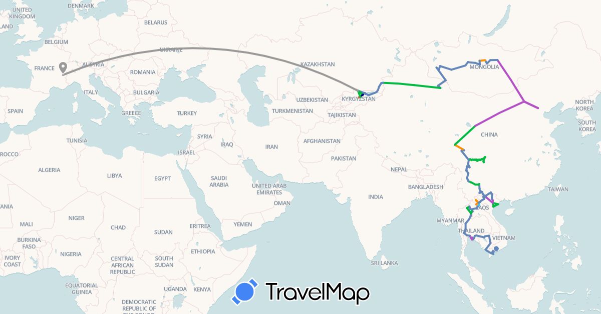 TravelMap itinerary: driving, bus, plane, cycling, train, boat, hitchhiking, cheval in China, France, Kyrgyzstan, Cambodia, Kazakhstan, Laos, Mongolia, Thailand, Vietnam (Asia, Europe)